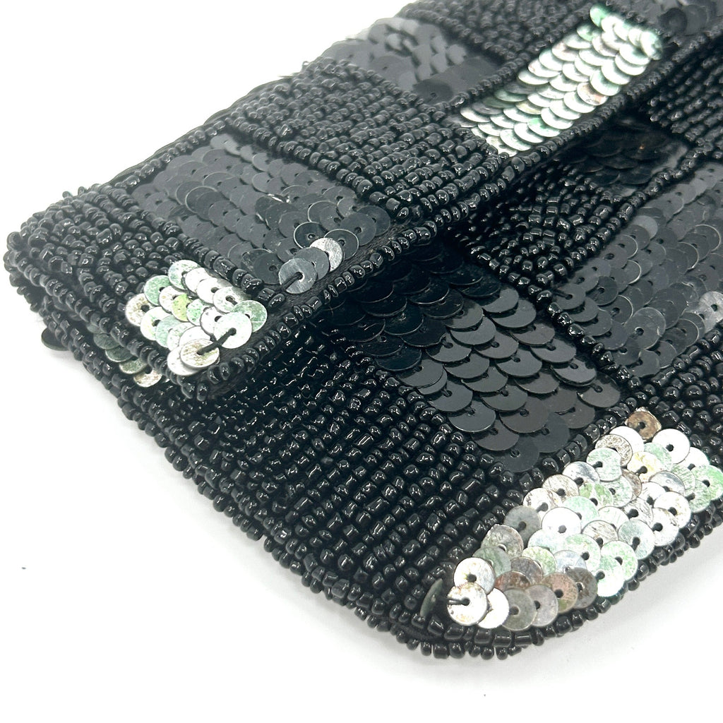 K.C. Malhan Black Silver Iridescent Sequin Beaded Checkered Evening Clutch
