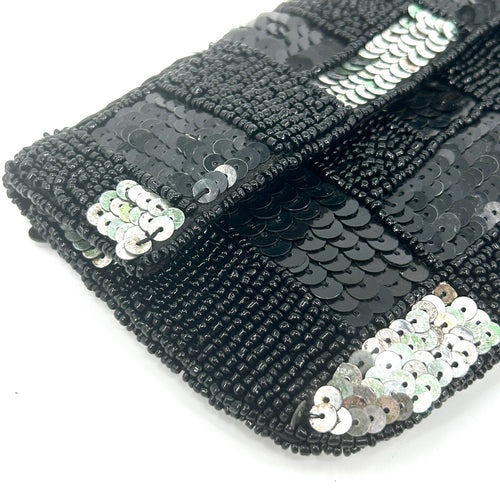 K.C. Malhan Black Silver Iridescent Sequin Beaded Checkered Evening Clutch