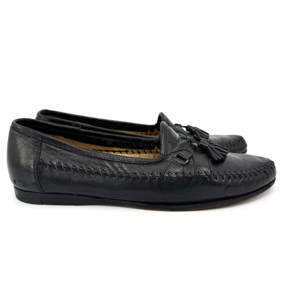 Vintage 90s Santoni Black Genuine Leather Snake Embossed Tassel Loafers