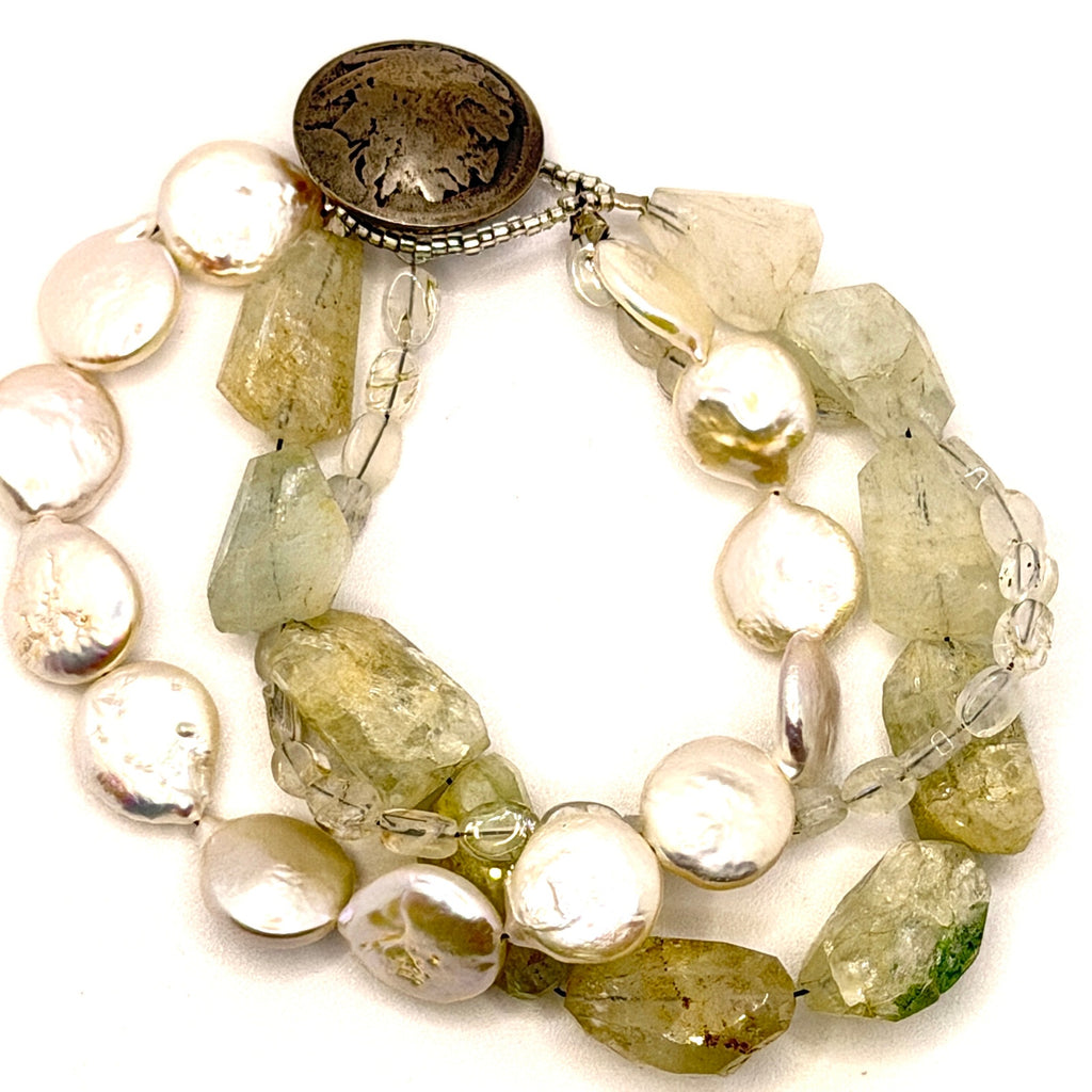 Vintage 90s Artisan Buffalo Nickel Coin Pearl Prehnite Multi Strand Bracelet
