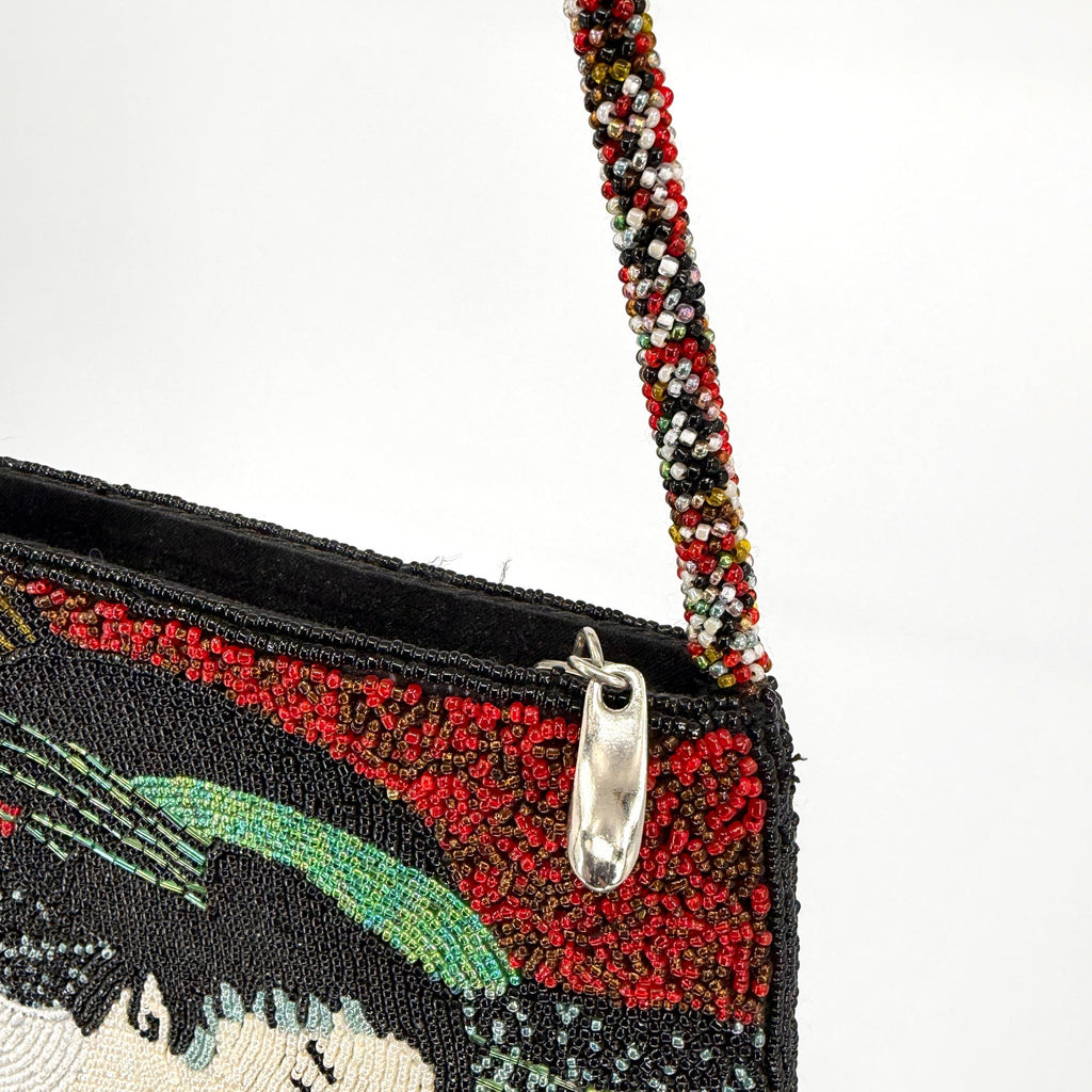 Vintage 90s Chicos Black Red Asian Geisha Portrait Fully Beaded Handbag