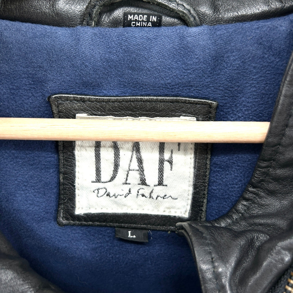 Vintage 90s DAF David Fahren Black Genuine Leather Hooded Bomber Jacket