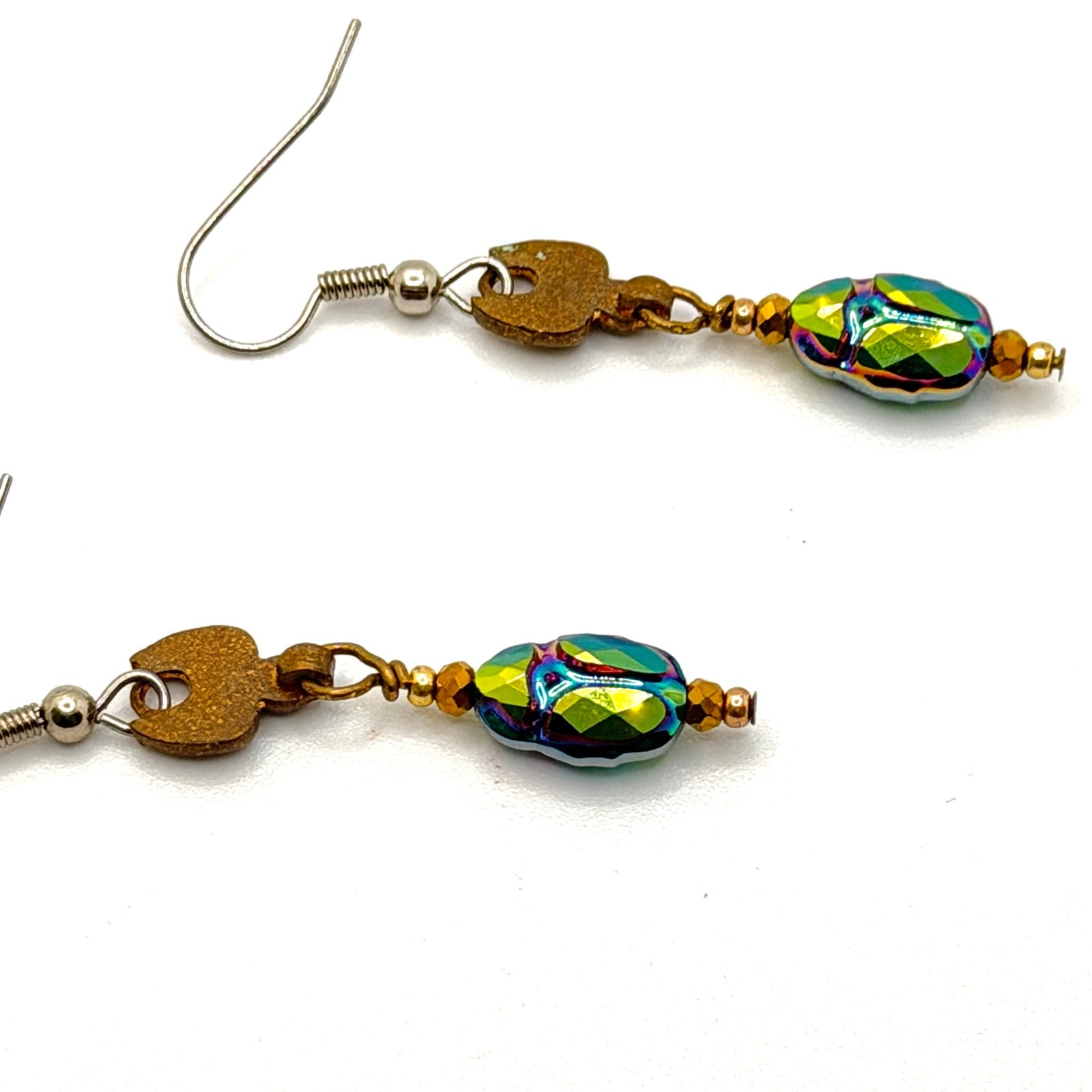 Vintage 90s Scarab Iridescent Green Blue Glass Beetle Drop Earrings