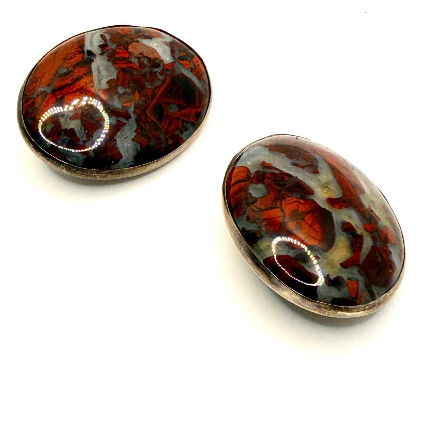Vintage 90s Sterling Silver Red Jasper Oval Artist Signed Clip On Earrings