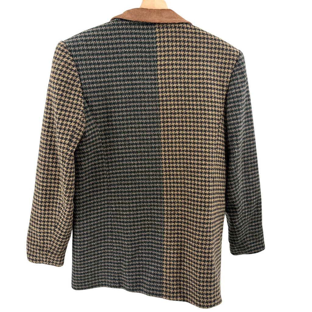 Vintage 90s JL Colebrook Tan Green Houndstooth Suede Trim Blazer