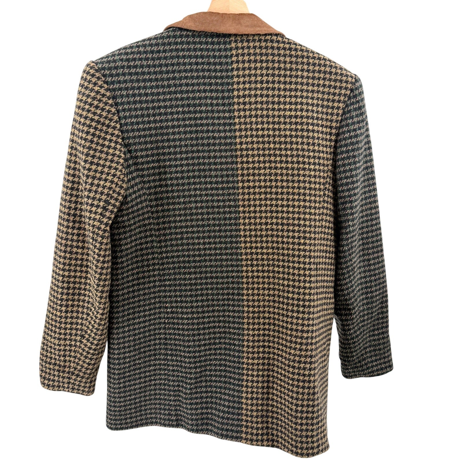 Vintage 90s JL Colebrook Tan Green Houndstooth Suede Trim Blazer