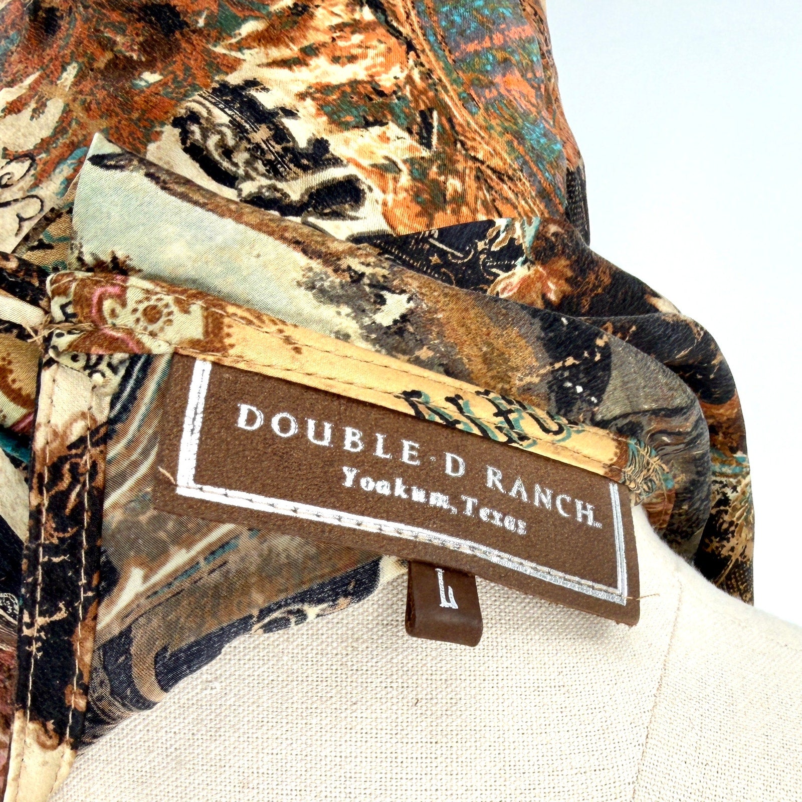 Vintage Y2K Double D Ranch Brown 100% Silk Ephemera Print Blouse Skirt Set