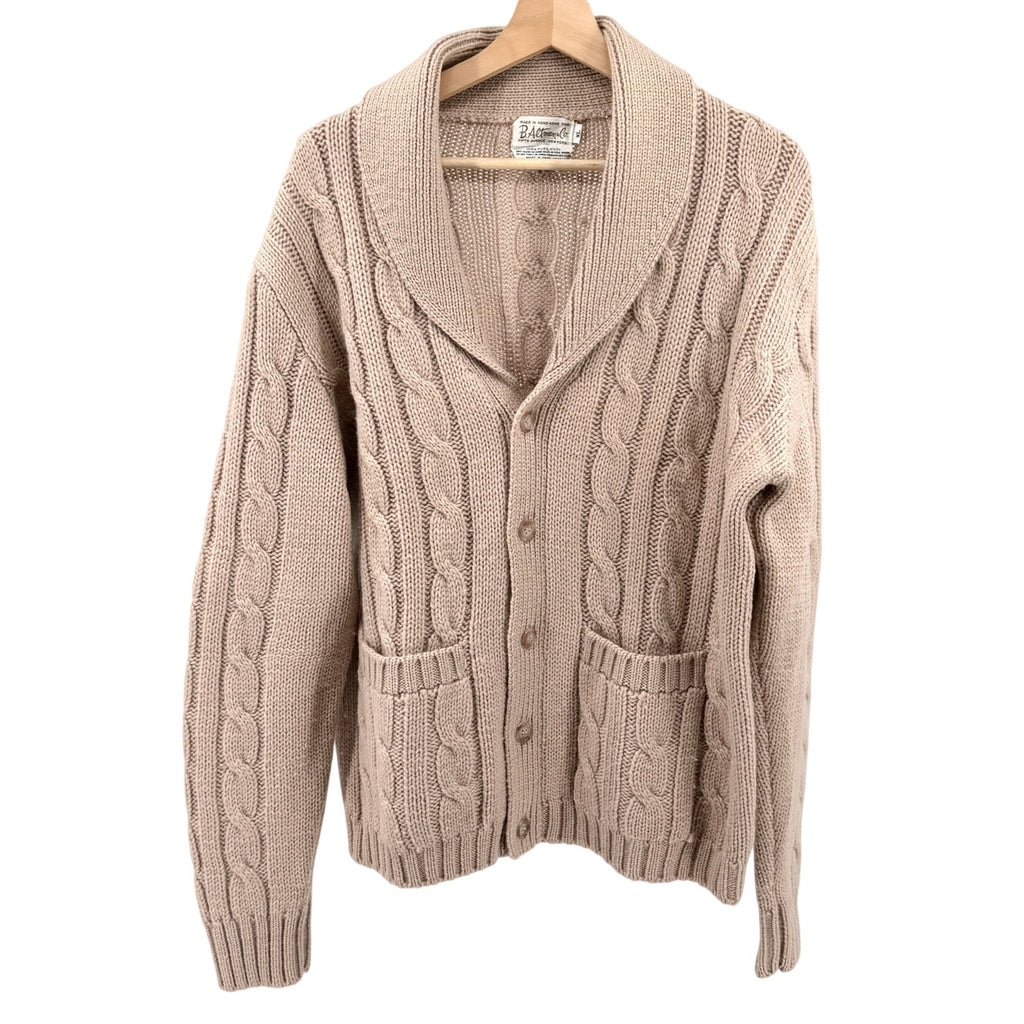 Vintage 70s B Altman Beige 100% Wool Cable Knit Shawl Collar Cardigan