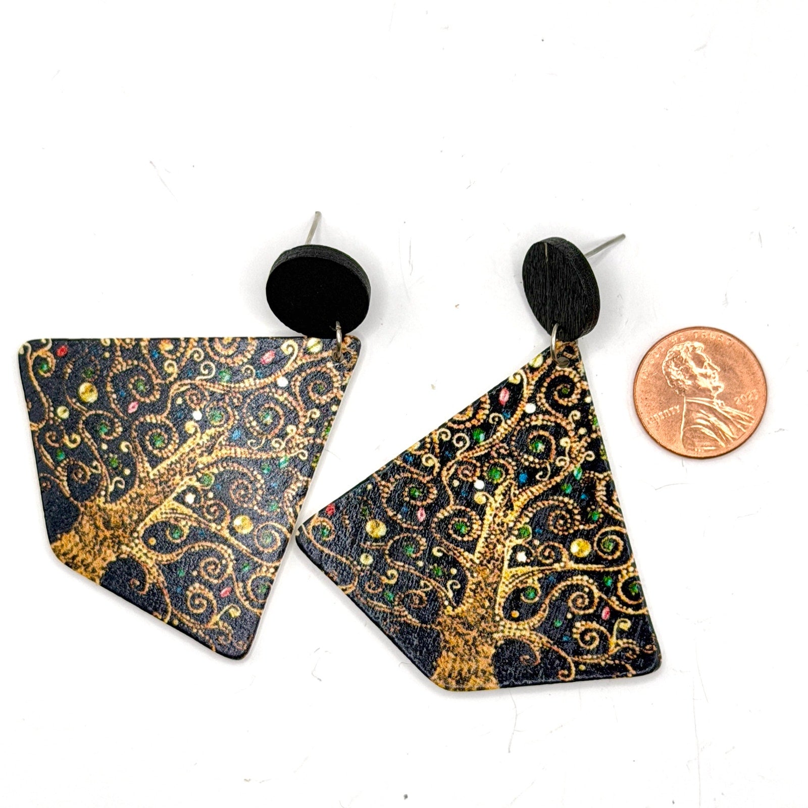 Vintage 90s Printed Wood Gustav Klimt Tree of Life Geometric Drop Earrings