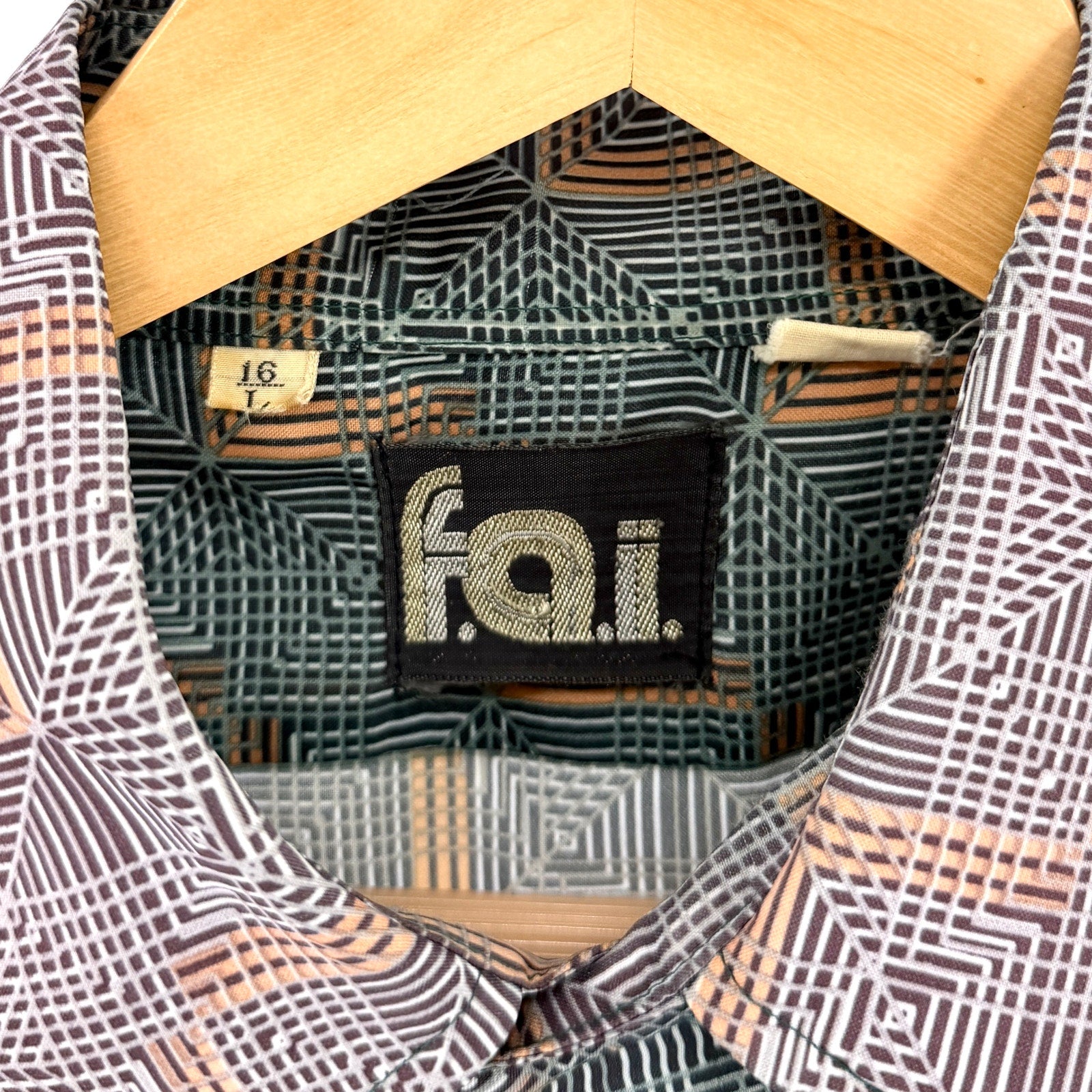 Vintage 70s FAI Polyester Brown Green Gradient Retro Disco Geometric Shirt