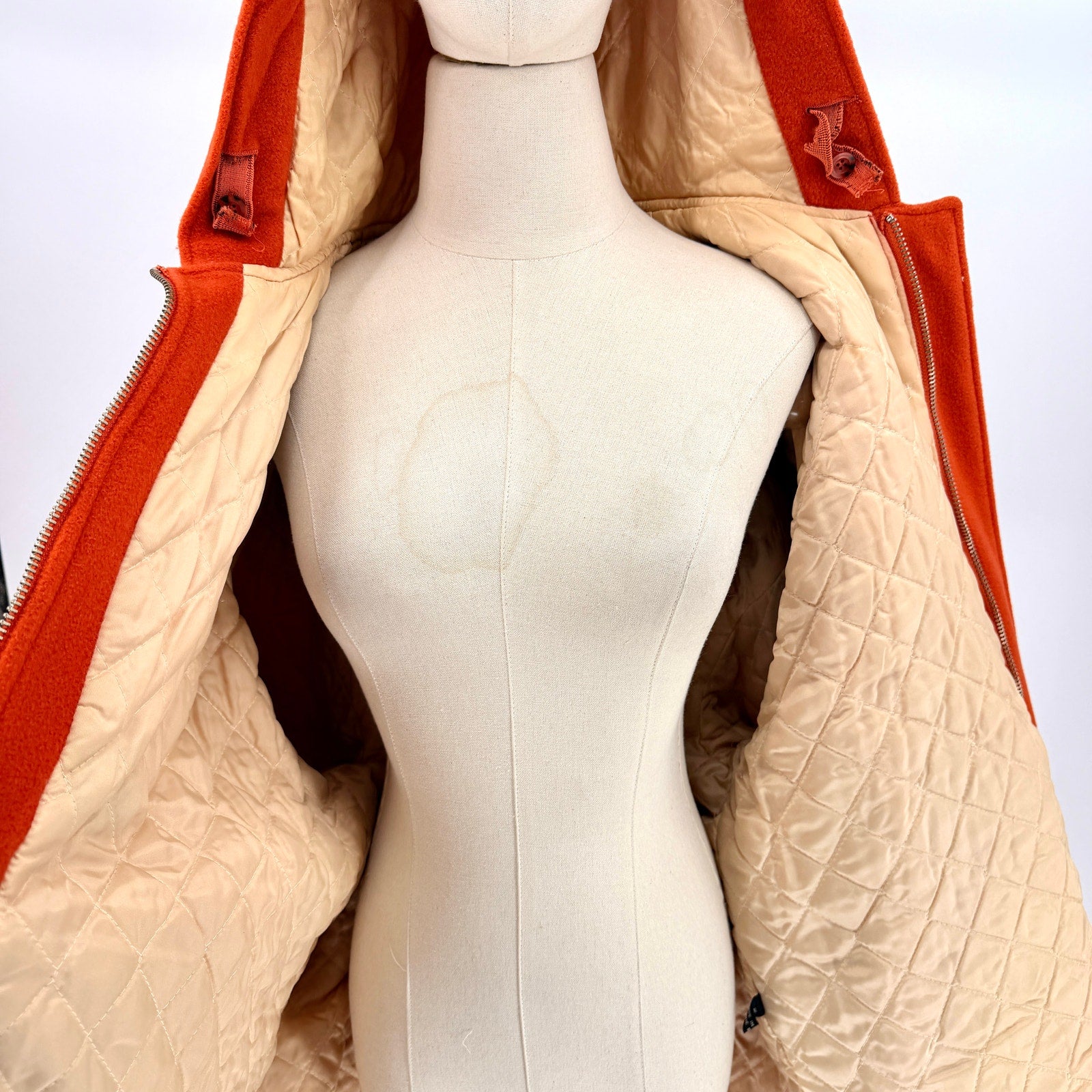 Vintage 80s/90s Caroche Harvest Orange Wool Blend Hooded Toggle Duffle Coat