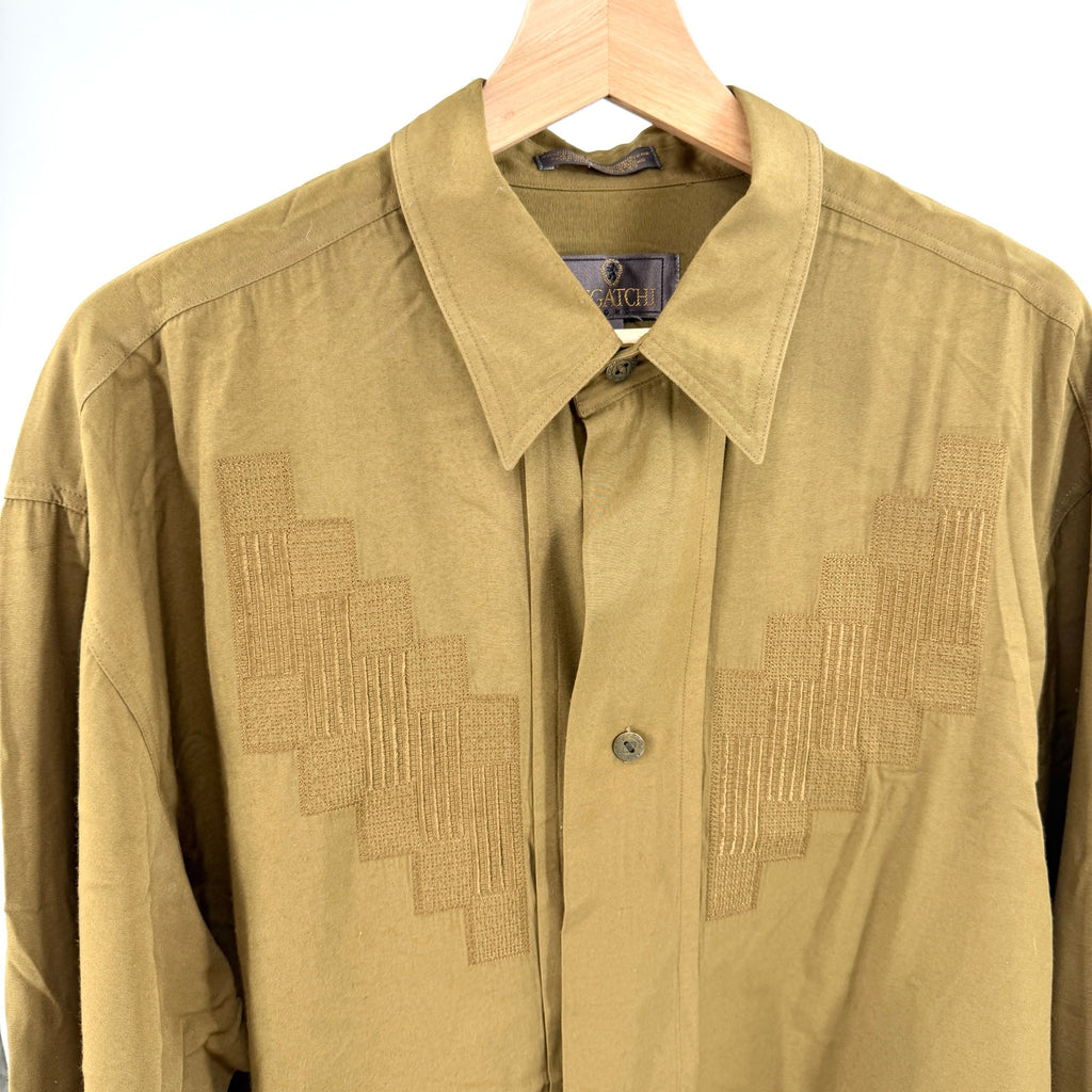Vintage 90s Bugatchi Uomo Olive Green Embroidered Shirt