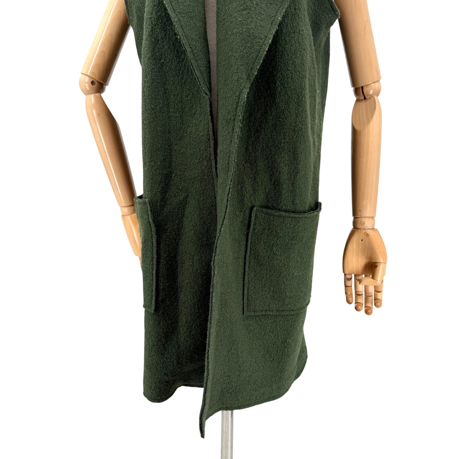 Tahari Forest Green Longline Open Front Duster Patch Pocket Vest
