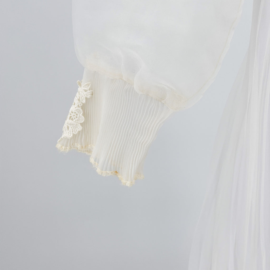 Vintage 70s Handmade White Lace Chiffon Prairie High Neck Wedding Dress Train