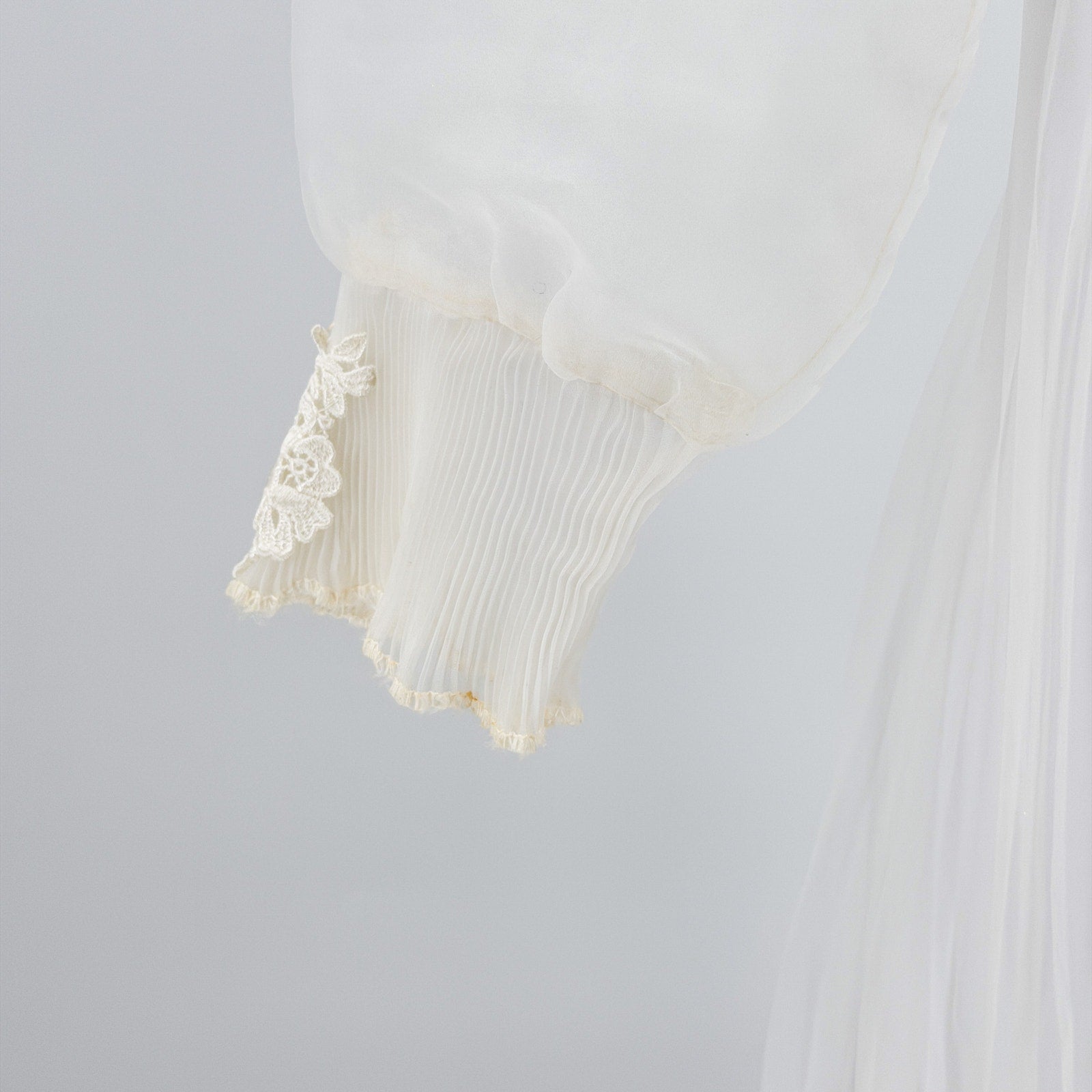Vintage 70s Handmade White Lace Chiffon Prairie High Neck Wedding Dress Train