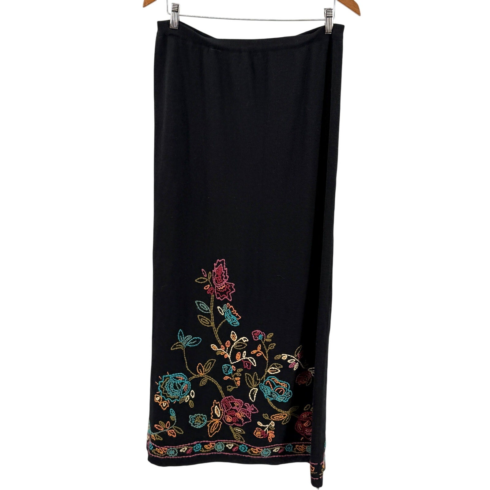 Vintage Y2K Double D Ranch Black Linen Blend Embroidered Floral Knit Maxi Skirt