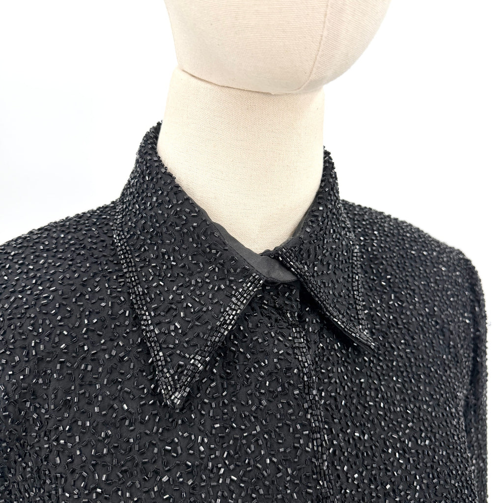 Vintage 90s Caroline Rose Black Silk Fully Beaded Evening Jacket