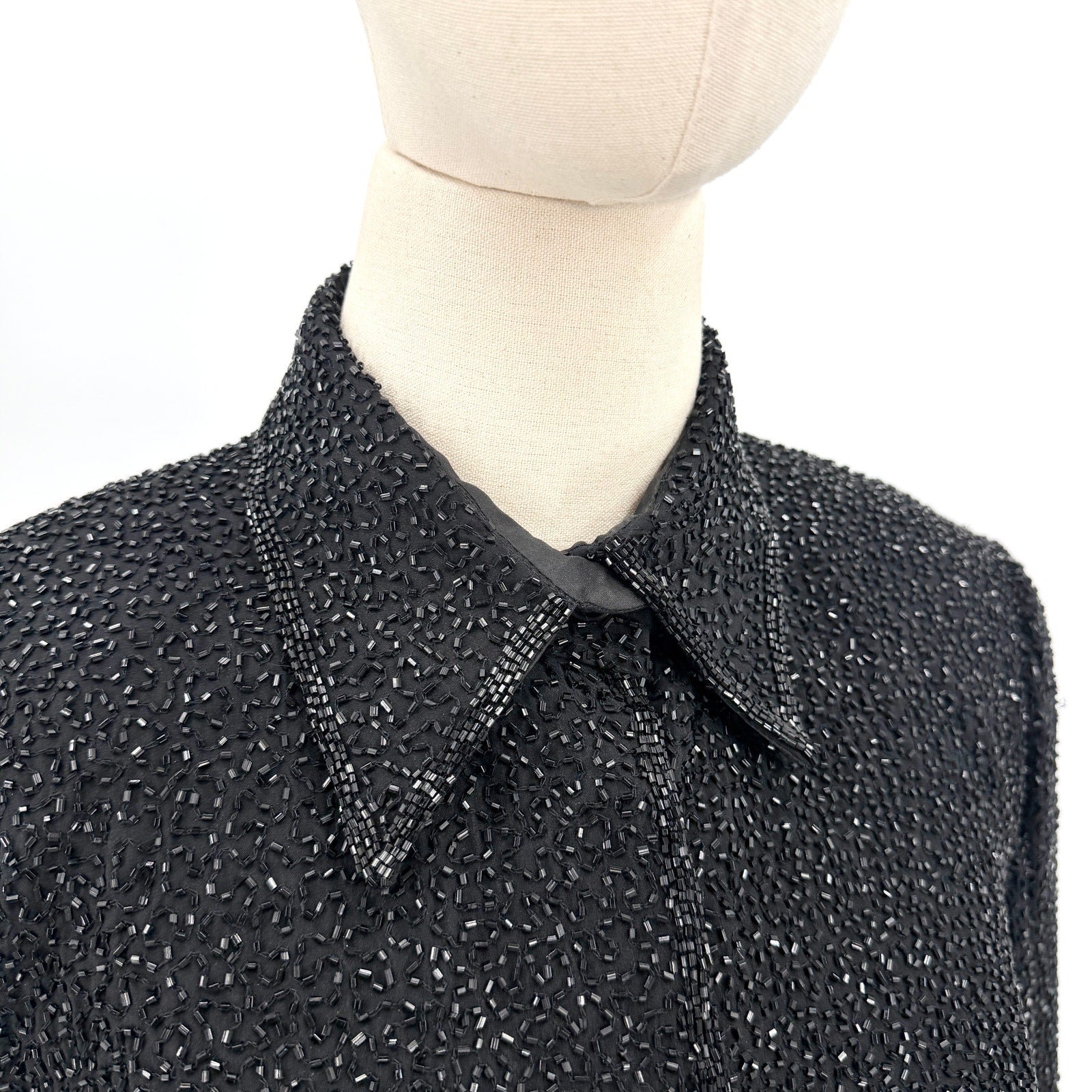 Vintage 90s Caroline Rose Black Silk Fully Beaded Evening Jacket