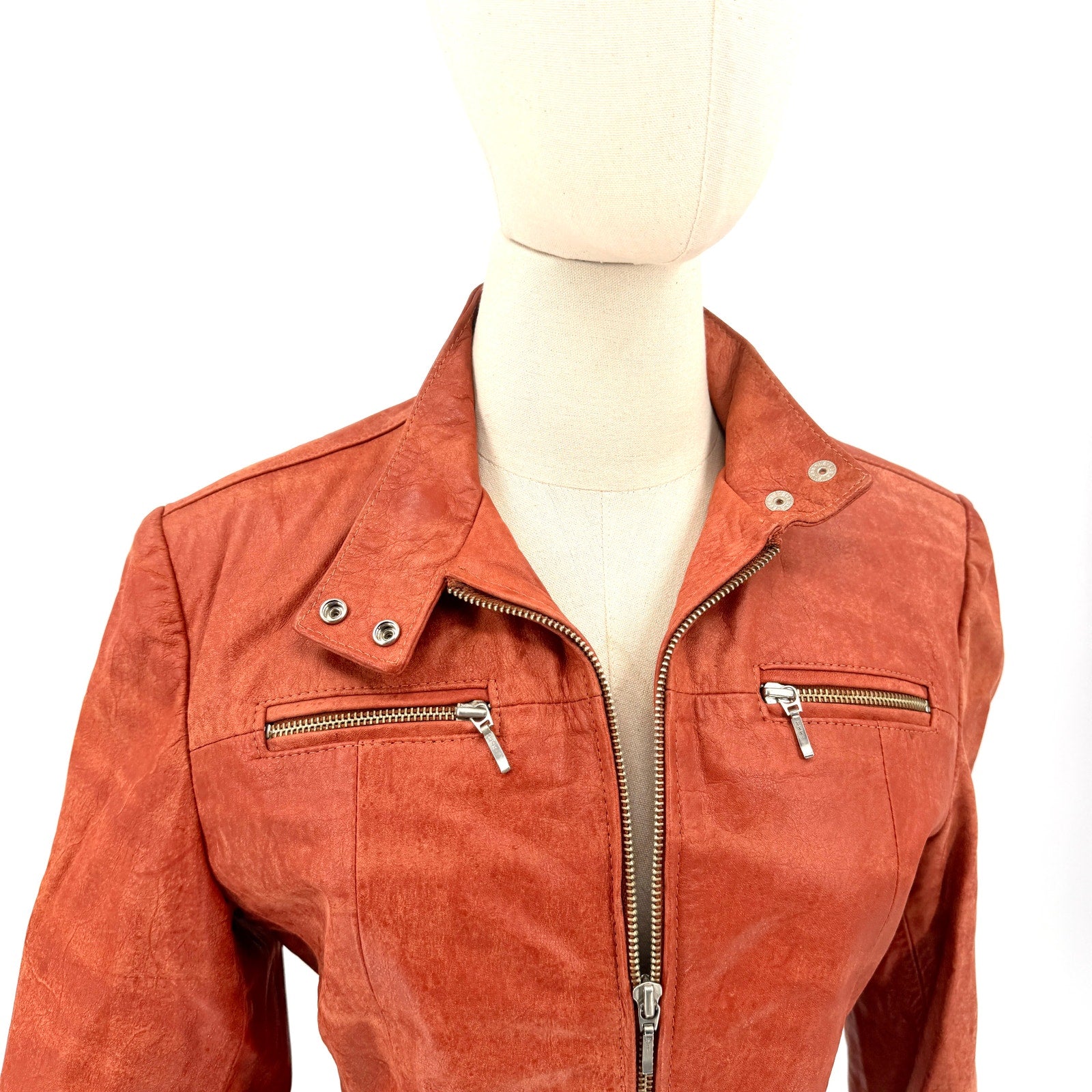 Vintage 90s Franco Ocaranza Red Genuine Leather Snap Collar Moto Jacket