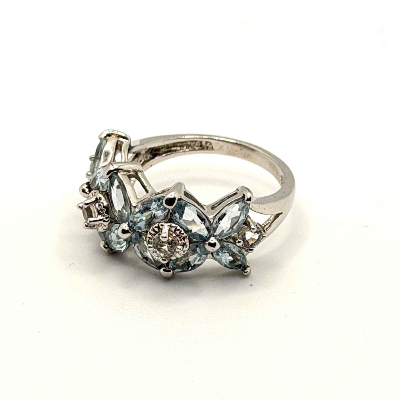Vintage 90s Sterling Silver Marquise Blue Topaz Floral Cluster Ring