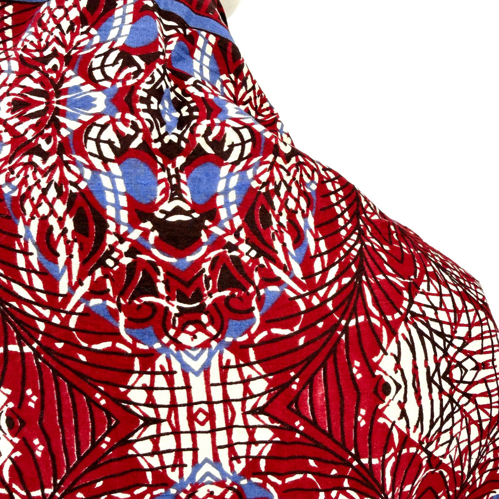 Vintage 90s Maroon Blue 100% Cotton Batik Geometric Boho Shawl Wrap