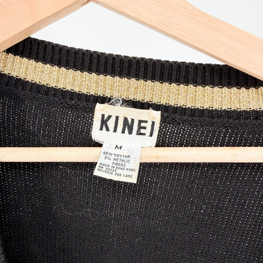Vintage 80s Kinei Black Knit Travel Patch Gold Trim Varsity Cardigan Sweater
