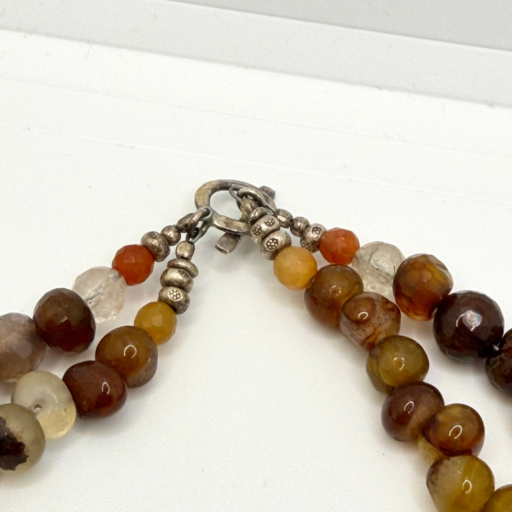 Vintage 90s Multi Earth Tone Agate Sterling Silver Stamped Two Strand Necklace