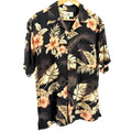 Vintage Y2K Island Shores Black Tan 100% Silk Tropical Hibiscus Button Up