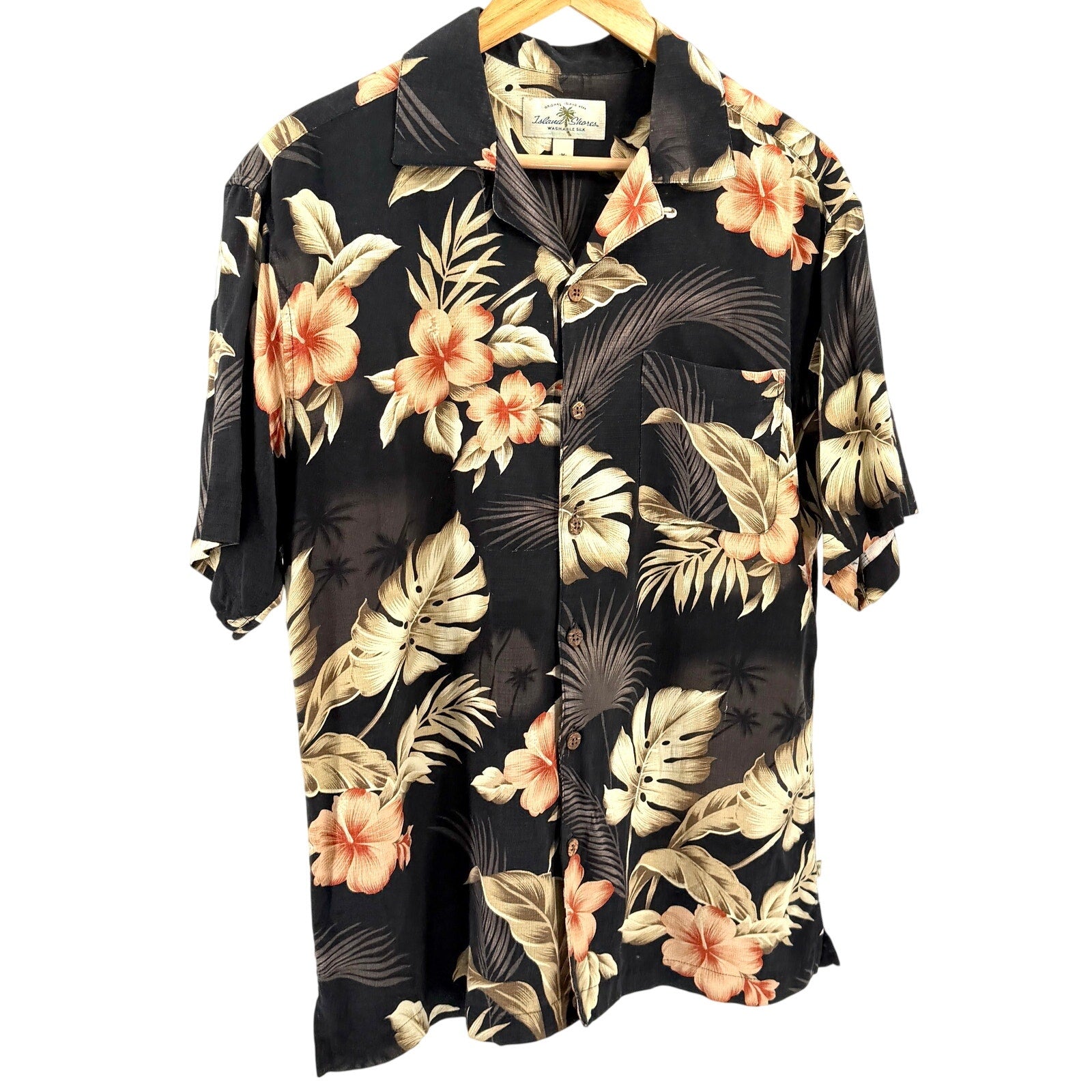 Vintage Y2K Island Shores Black Tan 100% Silk Tropical Hibiscus Button Up