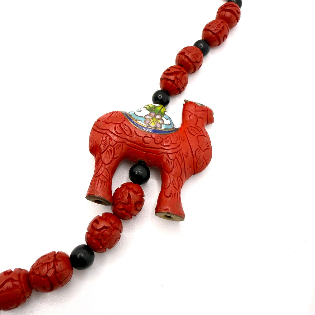 Vintage 90s Red Cinnabar Carved Camel Cloisonne Beaded Statement Necklace