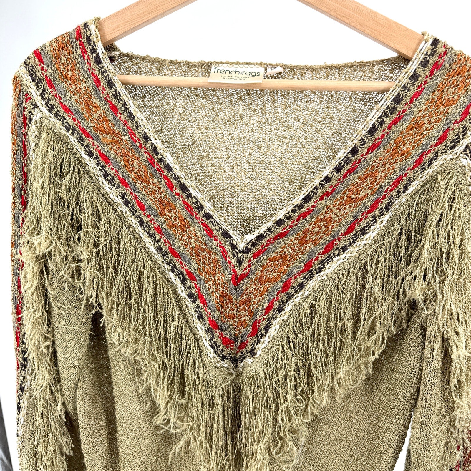 Vintage 80s French Rags Olive Fringe Trim Southwestern Sweater