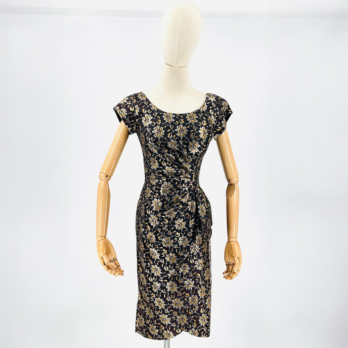 Vintage 50s Black Gold Metallic Floral Lace Evening Cocktail Dress