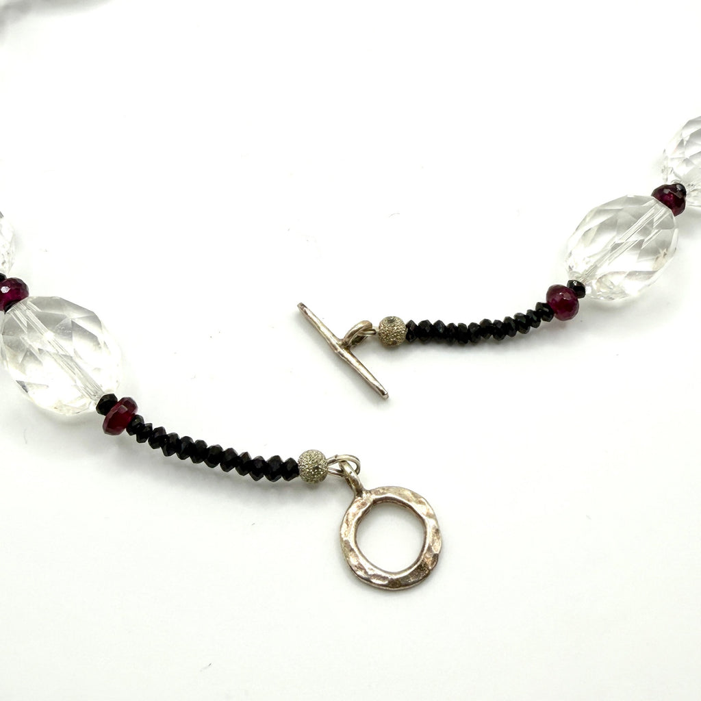 Vintage 90s Clear Quartz Garnet Sterling Silver Toggle Necklace