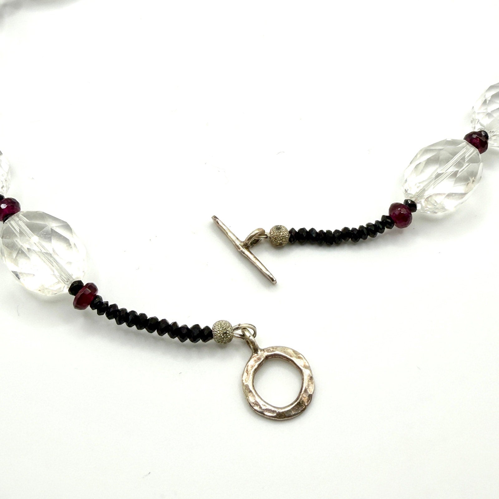 Vintage 90s Clear Quartz Garnet Sterling Silver Toggle Necklace