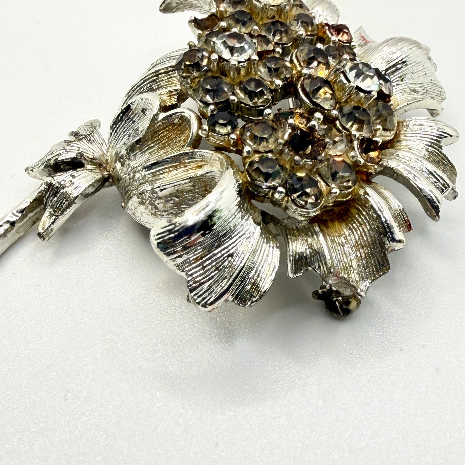 Vintage 60s Sarah Coventry Smoke Silver-tone Midcentury Stamped Floral Brooch