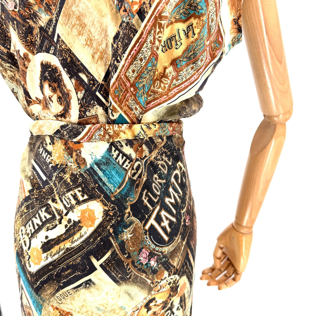 Vintage Y2K Double D Ranch Brown 100% Silk Ephemera Print Blouse Skirt Set