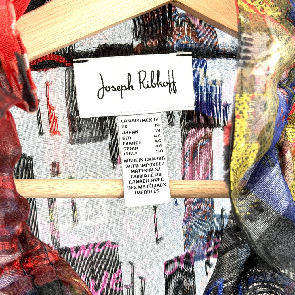 Joseph Ribkoff Black Sheer Graffiti Print Wire Collar Duster Overlay Jacket