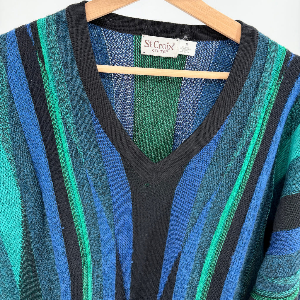 Vintage 90s St. Croix Knits Blue Green Textured Stripe V-Neck Sweater