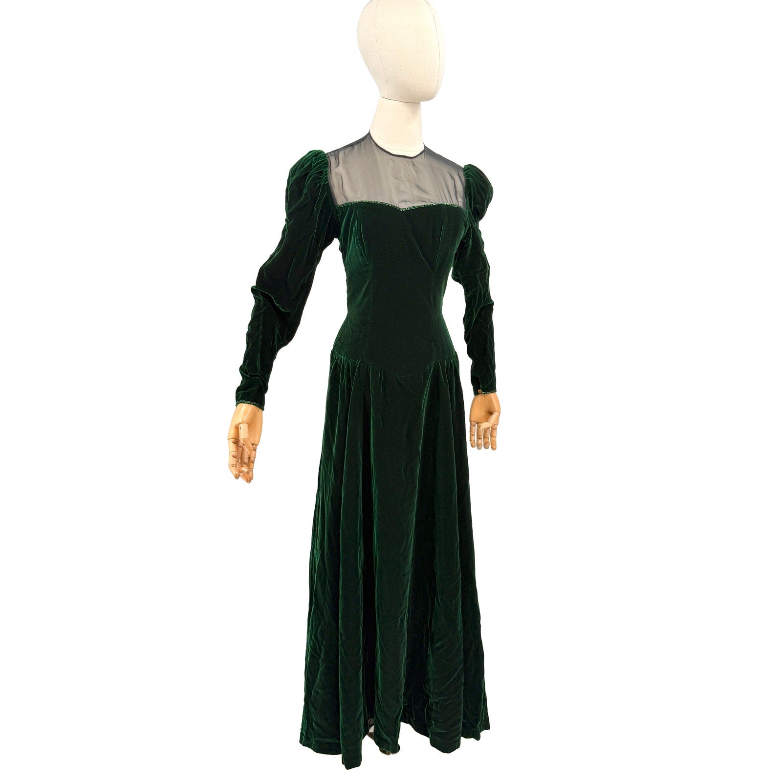 Vintage 80s Blanca Rubiera Original Green Velvet Sheer Mesh Formal Dress