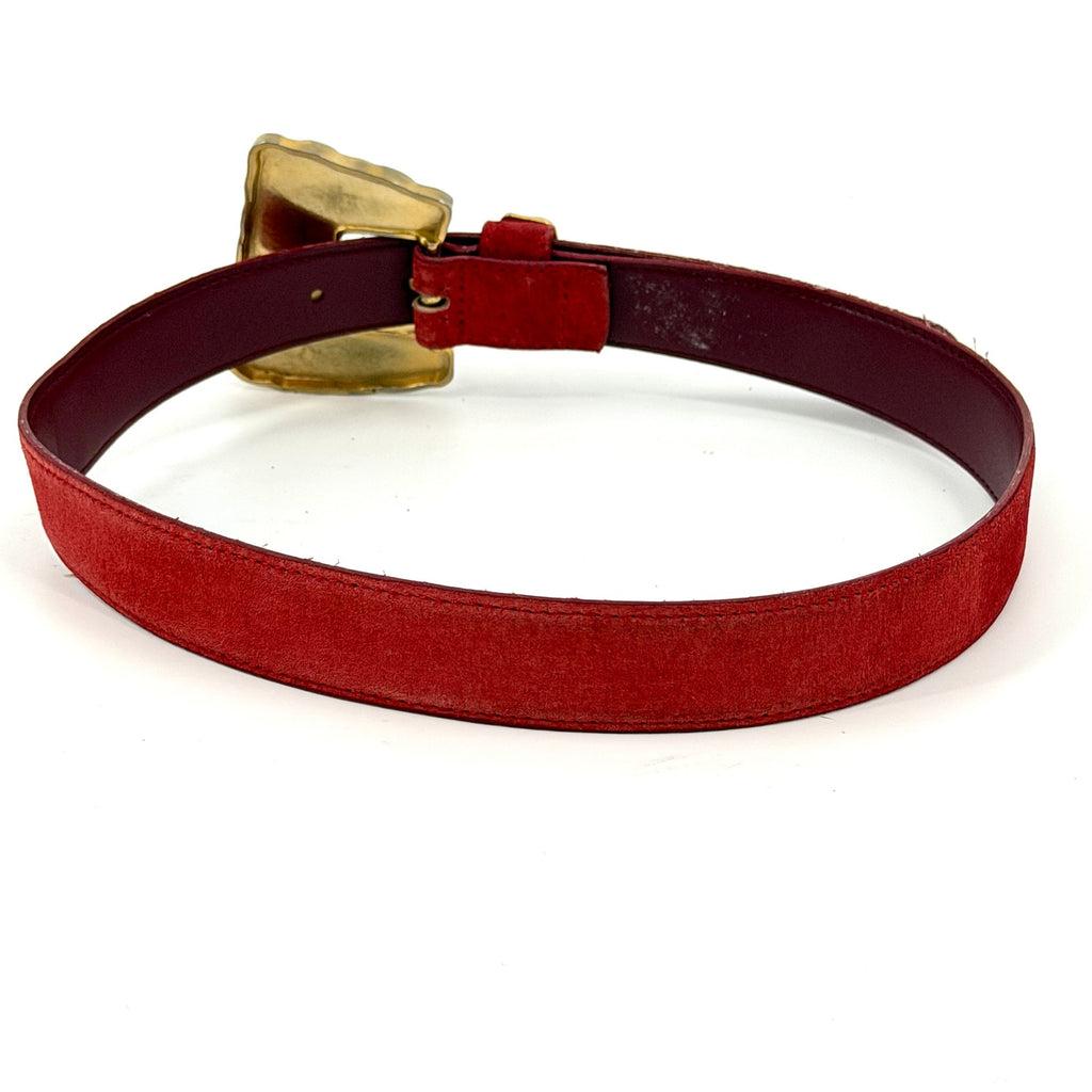 Vintage 90s Red Genuine Suede Rhinestone Buckle Statement Belt