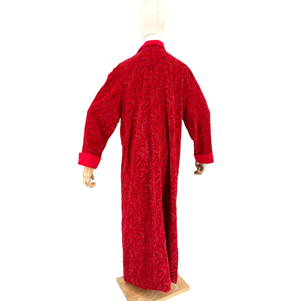 Vintage 80s Handmade Red Paisley Velvet Robe Dressing Gown