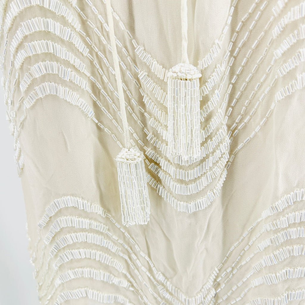 Bo.Bô White 100% Silk Sheer Fully Beaded Satin Lined Boho Tassel Tunic