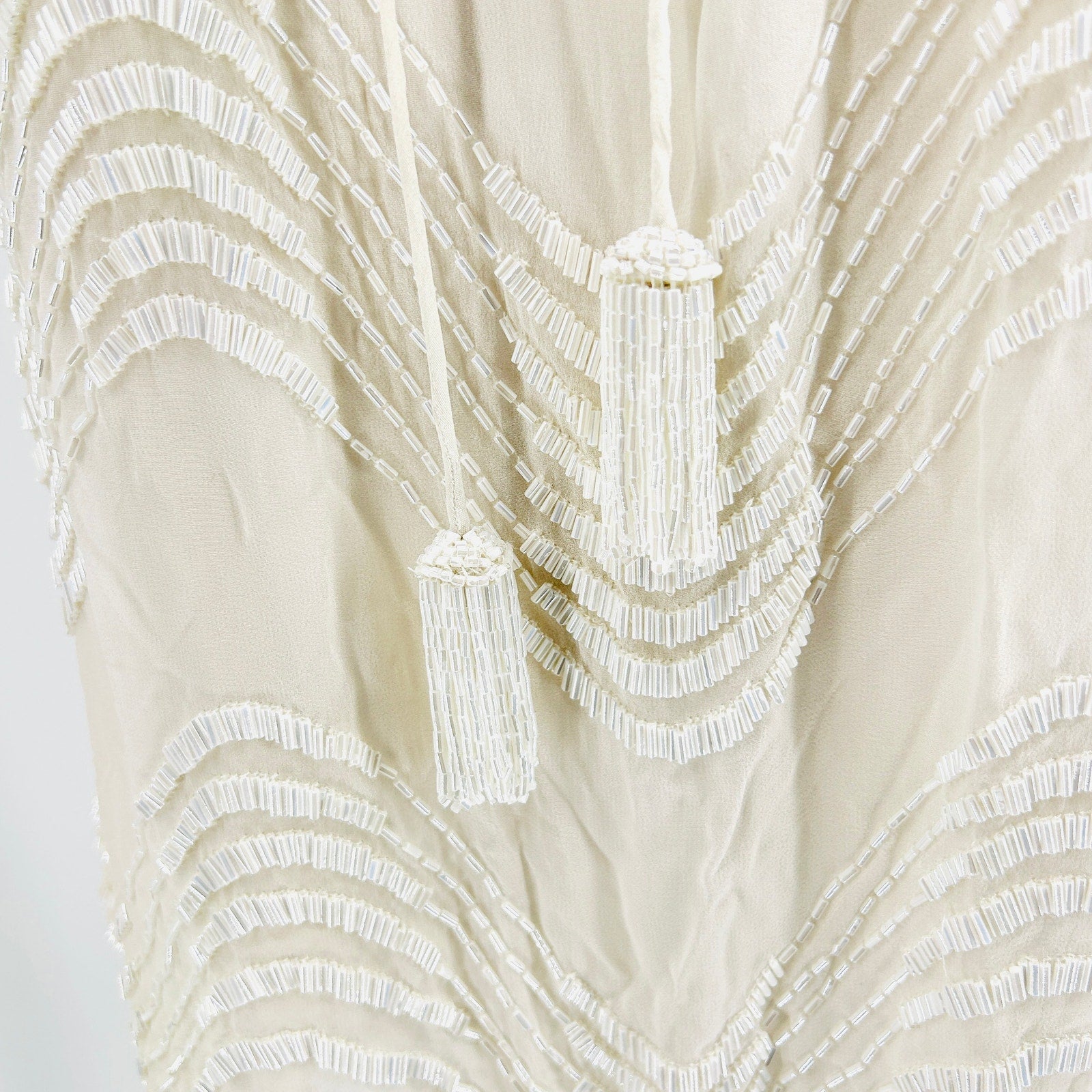 Bo.Bô White 100% Silk Sheer Fully Beaded Satin Lined Boho Tassel Tunic