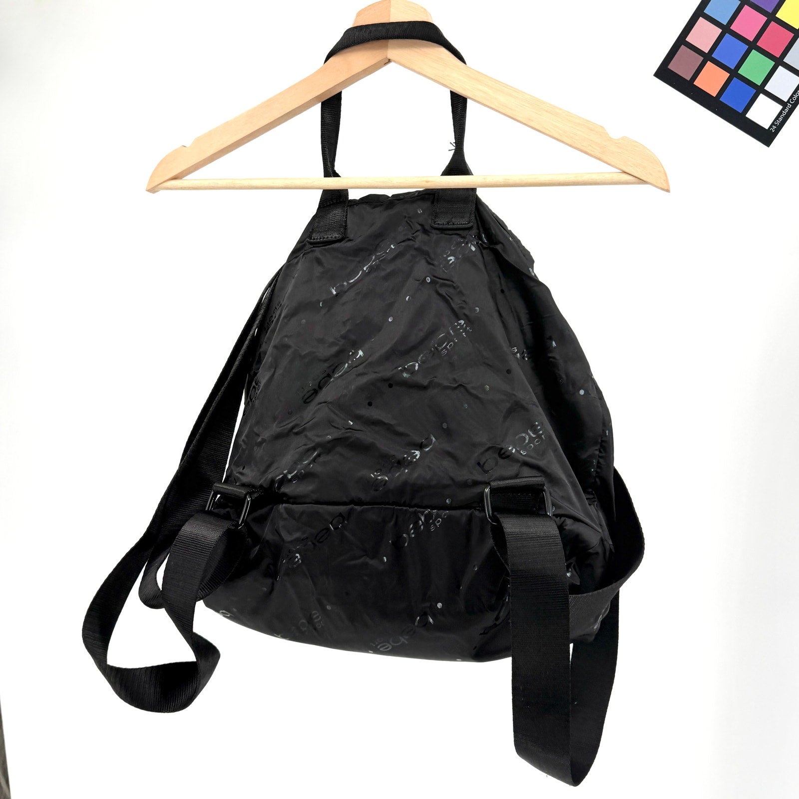 Vintage Y2K Bebe Sport Black Satin Logo Print Bungee Backpack