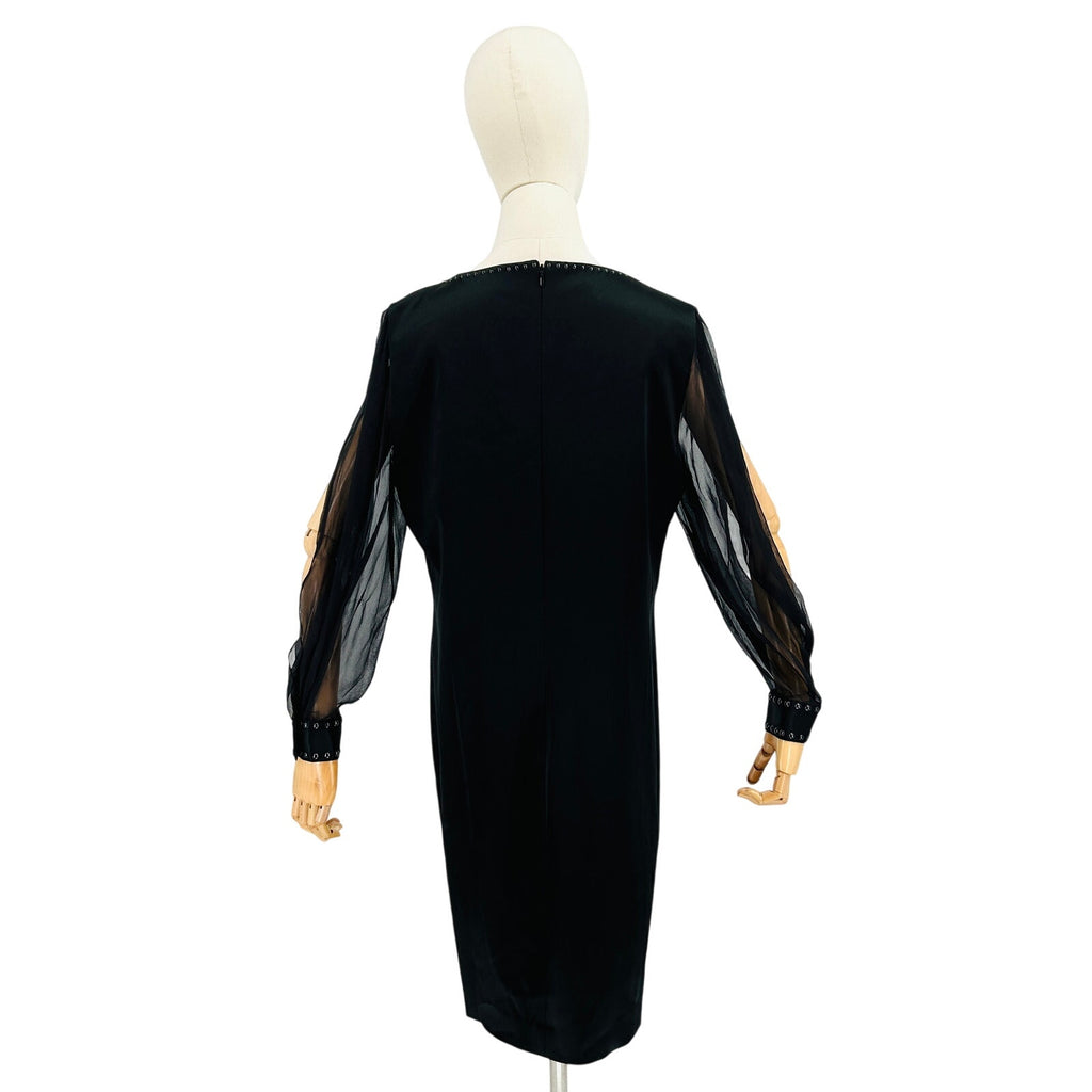 Elie Tahari Black Studded Satin Shift Dress with Silk Sleeves
