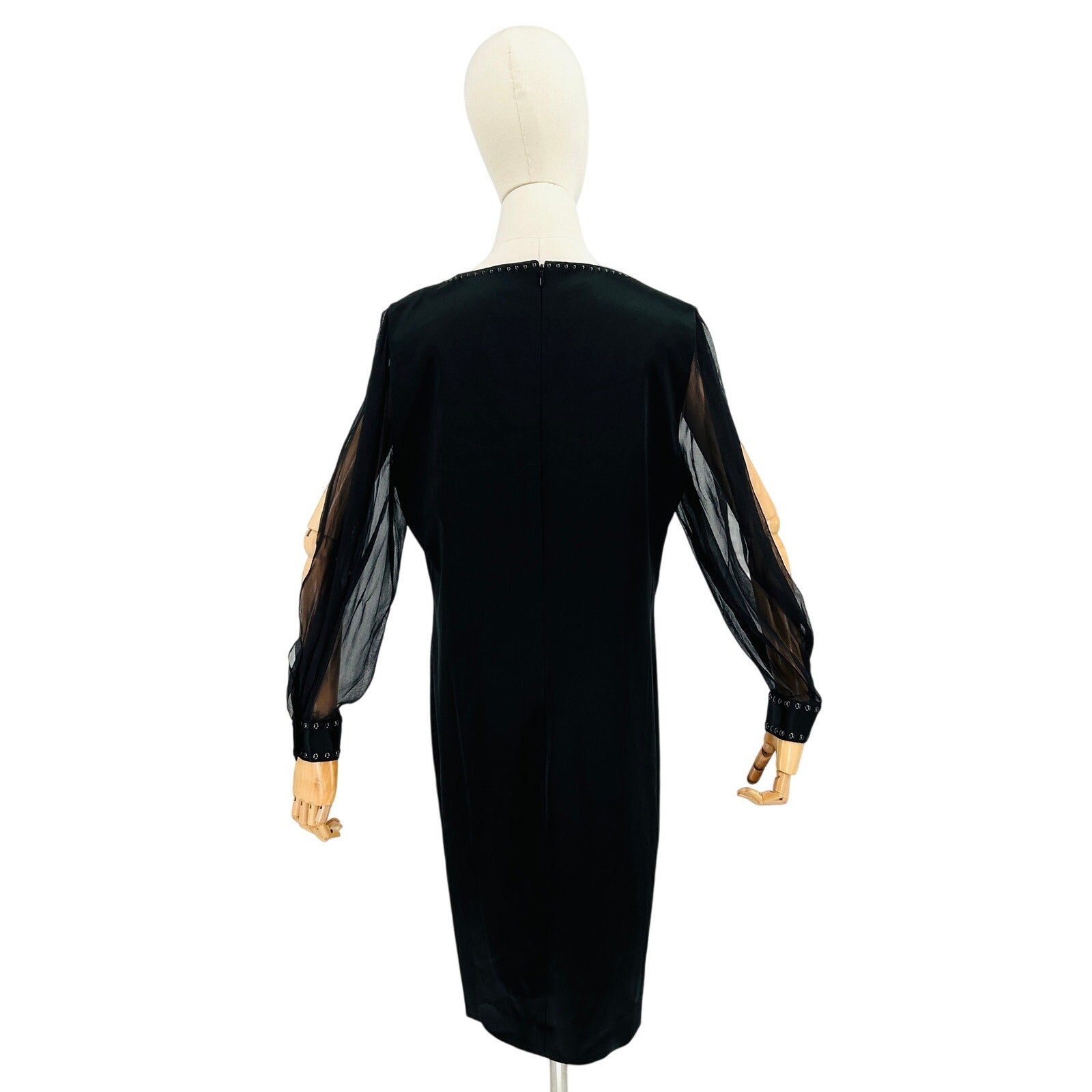 Elie Tahari Black Studded Satin Shift Dress with Silk Sleeves