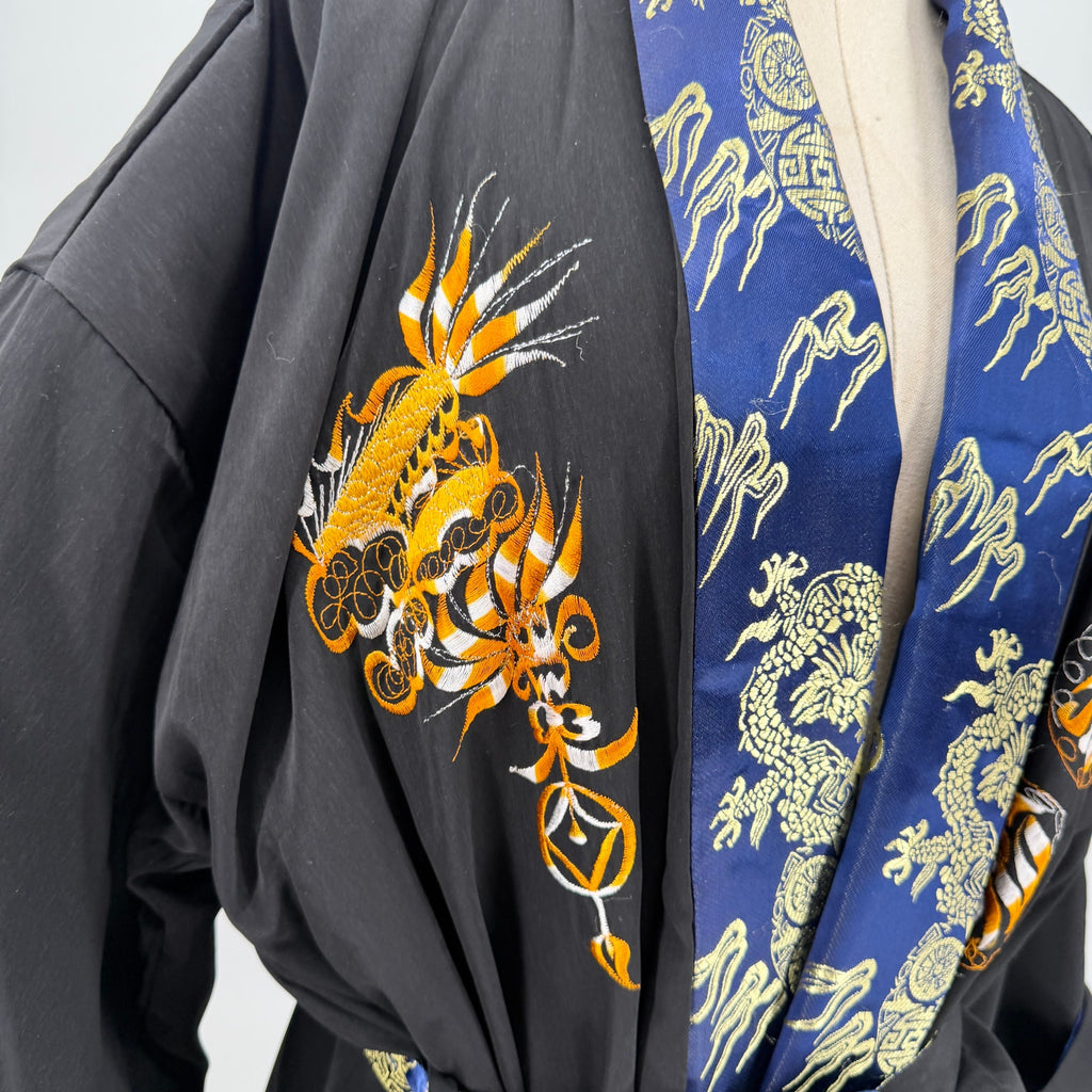 Vintage 90s Blue Gold Reversible Embroidered Black Dragon Kimono Robe