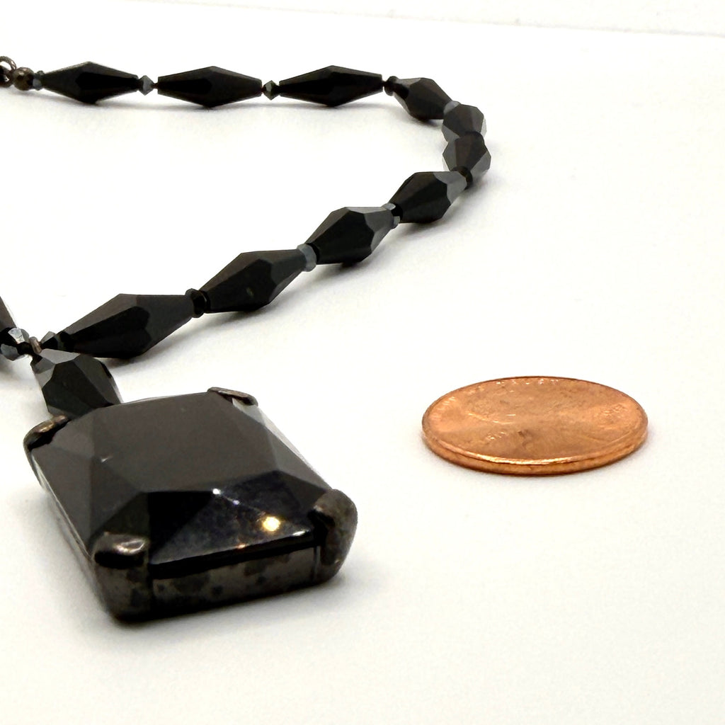 Vintage Y2K Black Glass Gothic Large Rectangular Pendant Necklace
