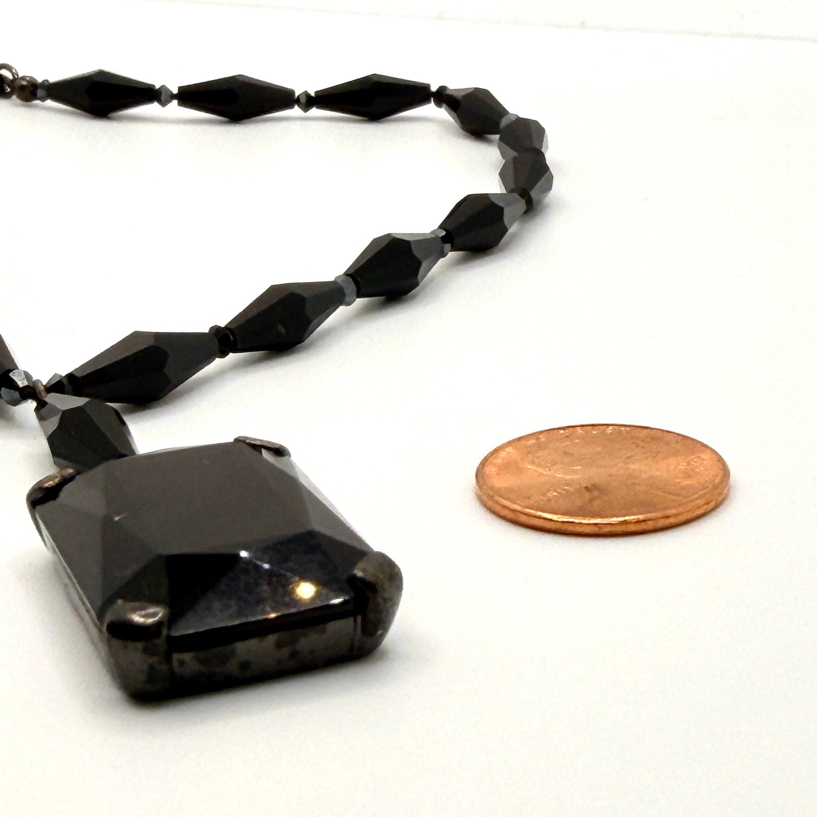 Vintage Y2K Black Glass Gothic Large Rectangular Pendant Necklace