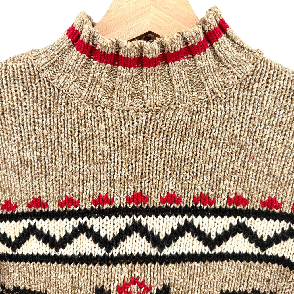 Vintage 90s Eddie Bauer Tan Red Fair Isle Reindeer Silk Blend Sweater